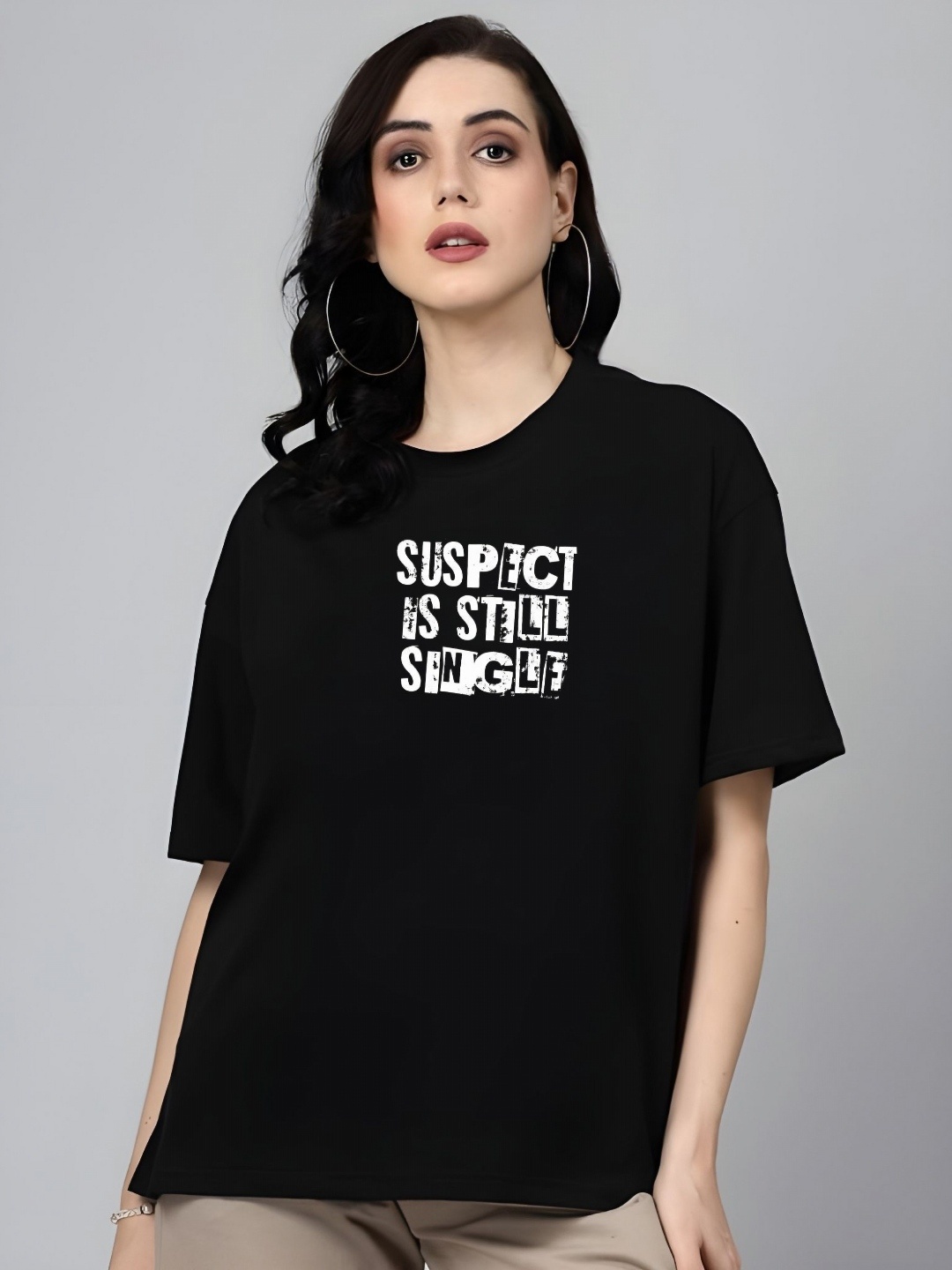 

SZN Women Typography Printed Round Neck Cotton Oversized T-shirt, Black