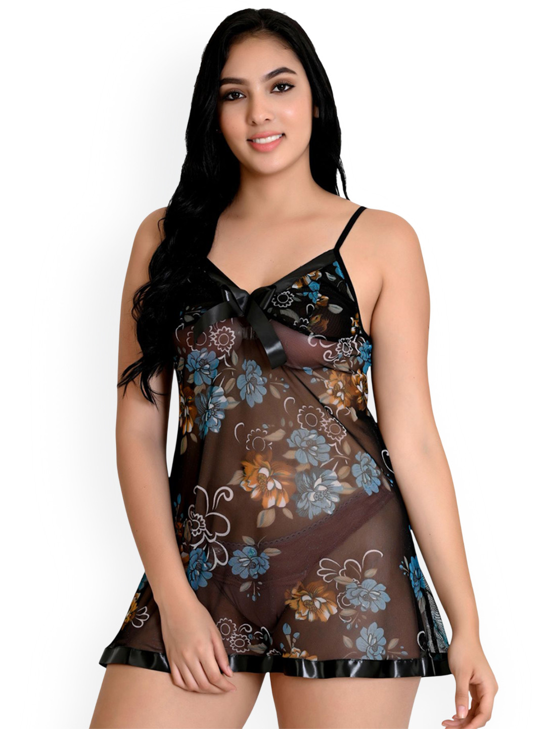 

chia fashions Women Floral Printed Baby Doll, Black