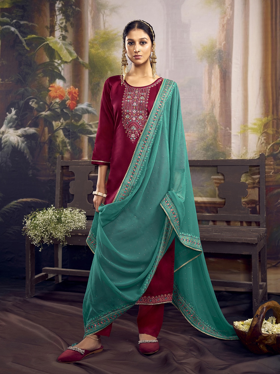 

Anouk Maroon Ethnic Motifs Embroidered Unstitched Dress Material