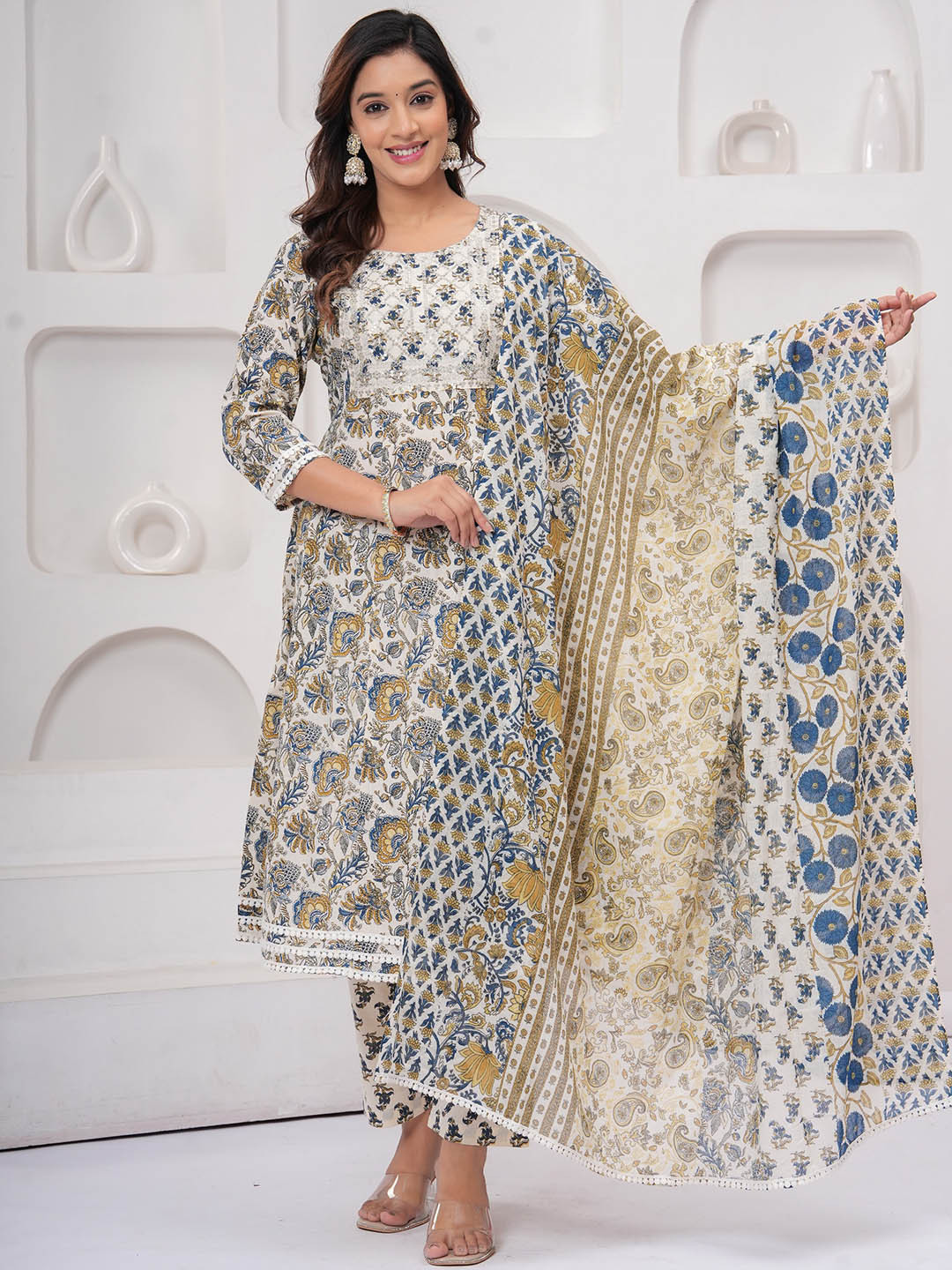 

kipek Floral Printed Sequinned Pure Cotton Straight Kurta With Pyjamas And Dupatta, Yellow