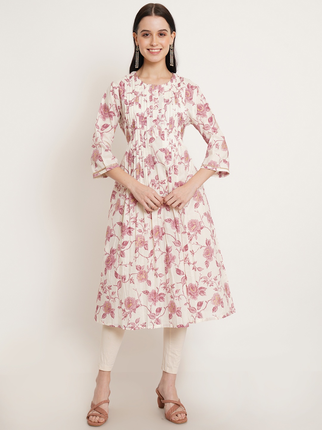 

JAPER KURTI Floral Printed Round Neck A-Line Pleated Pure Cotton Kurta, Off white
