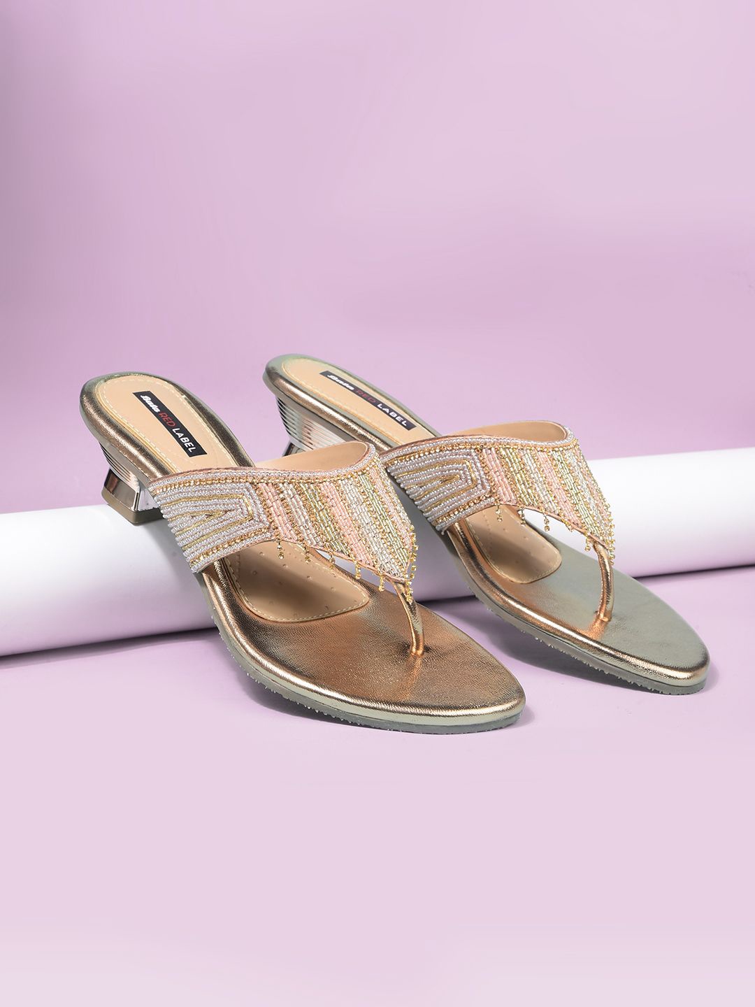

Bata Women Embellished Block Heel Sandals, Gold
