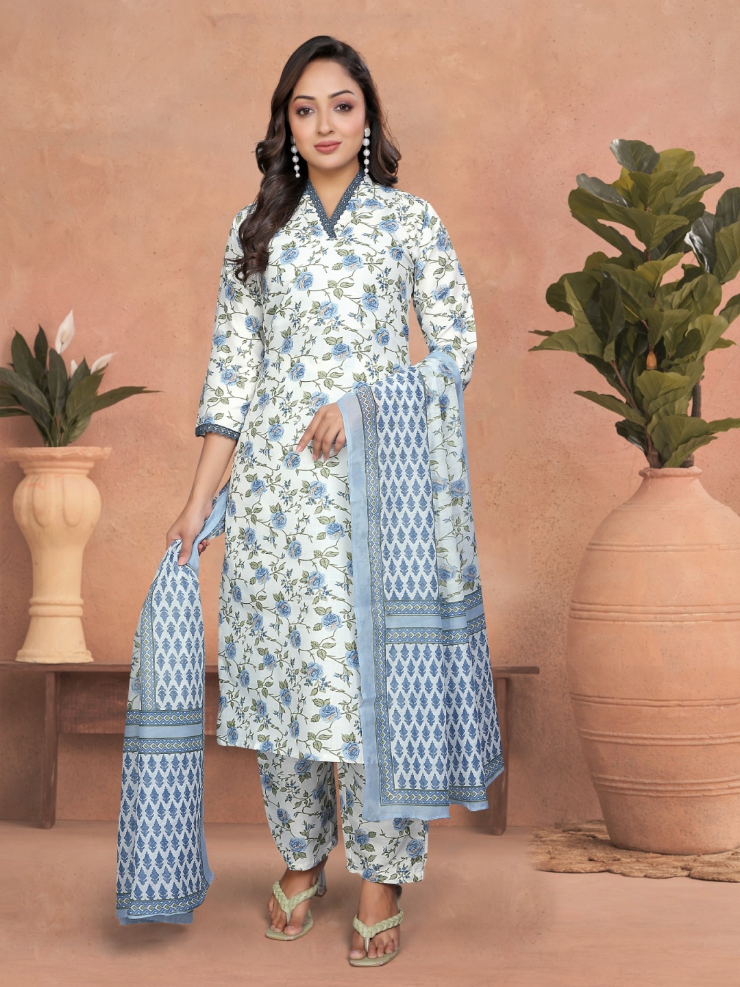 

Anouk Teal Blue Floral Printed V-Neck Straight Kurta With Trouser & Dupatta