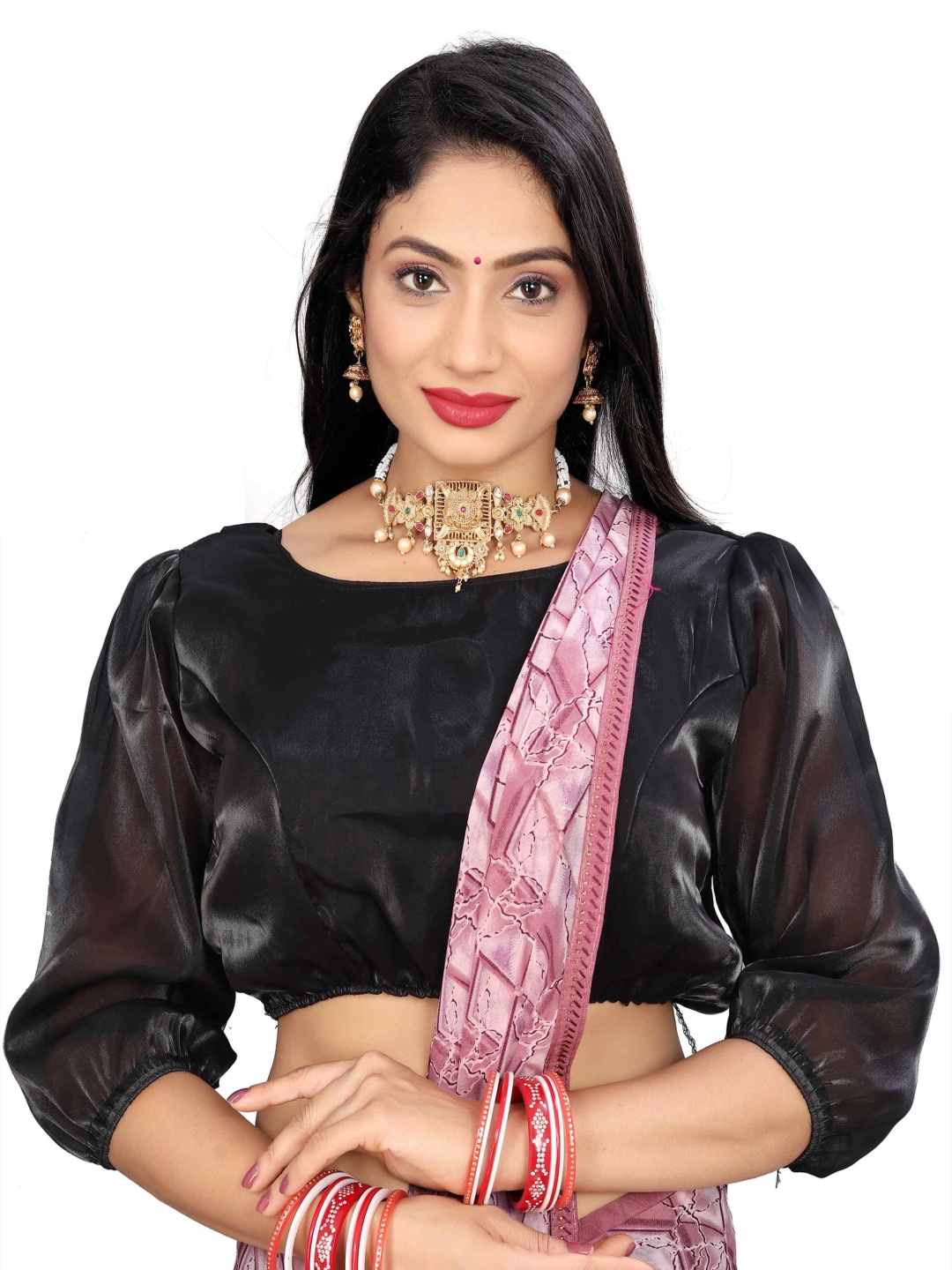 

HERE&NOW Round Neck Butterfly Sleeves Saree Blouse, Black