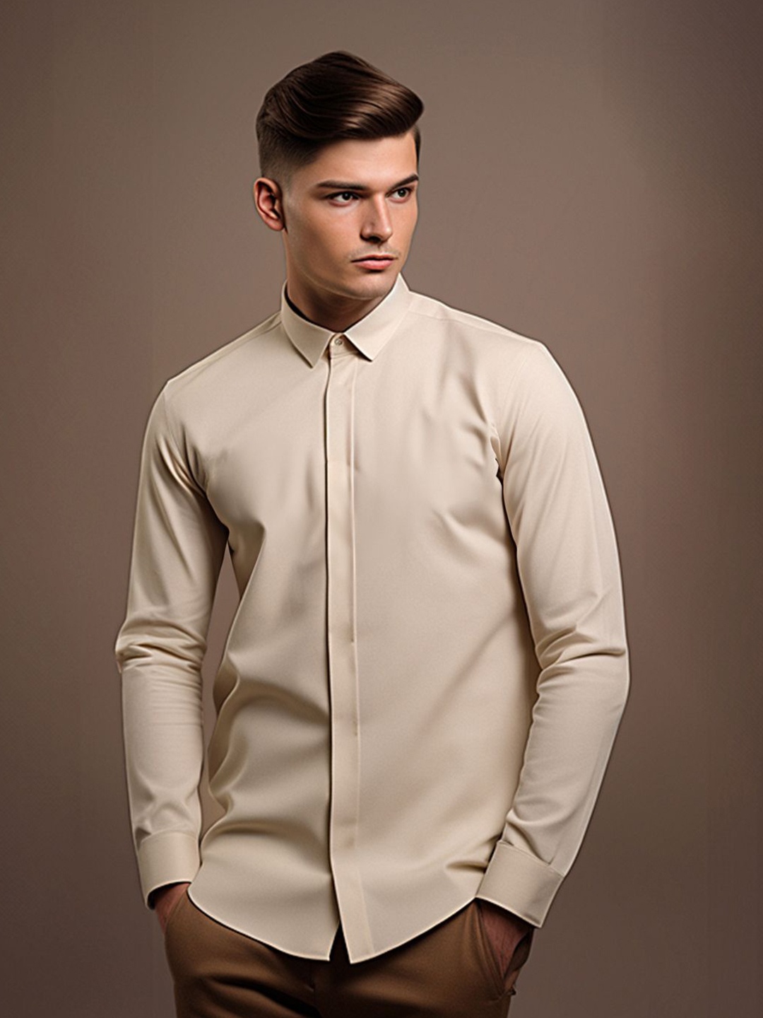 

HE SPOKE Men Smart Fit Spread Collar Solid Casual Shirt, Cream