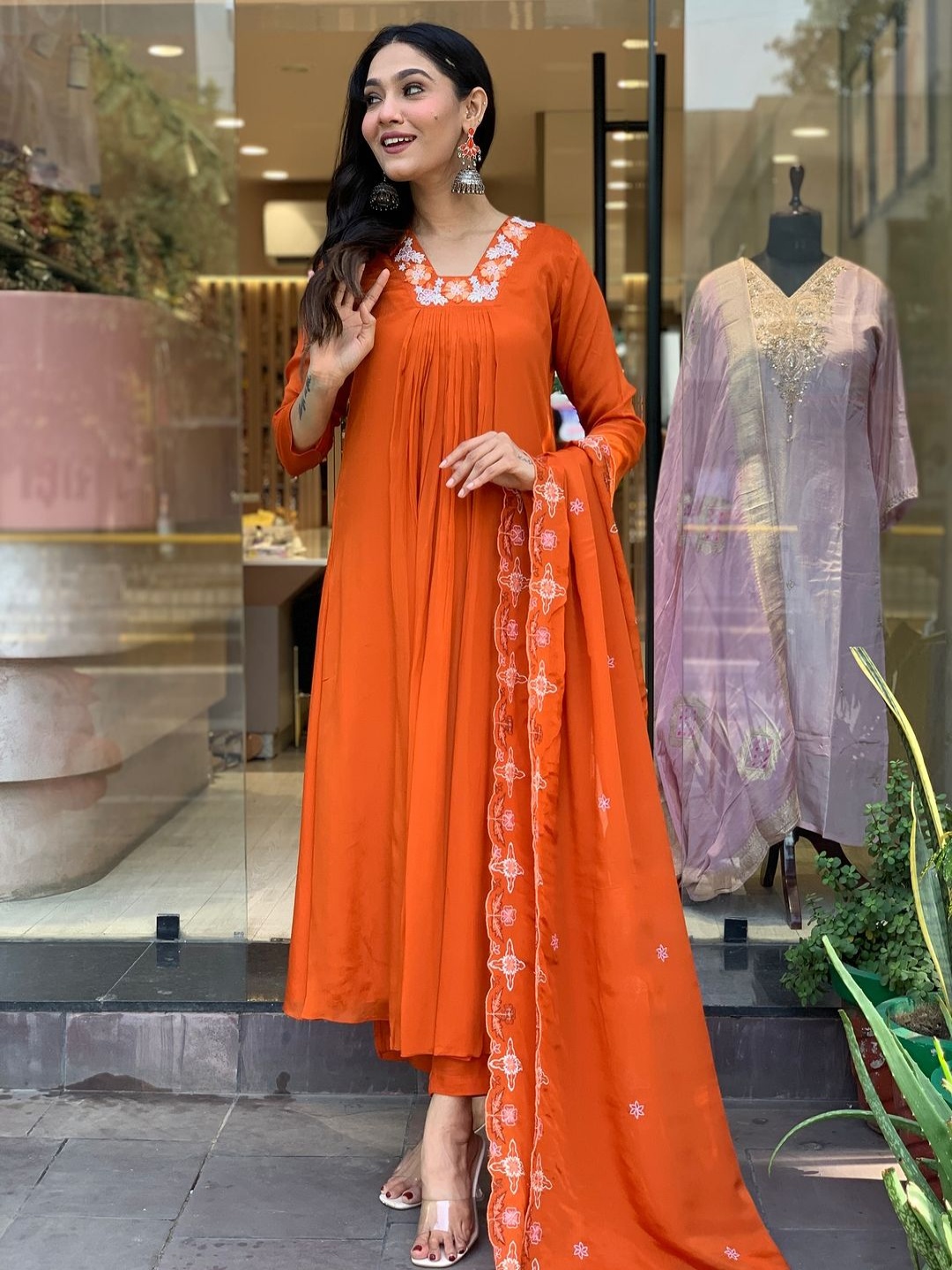 

DIVASTRI Floral Yoke Design Square Neck Anarkali Kurta With Trousers & Dupatta, Orange