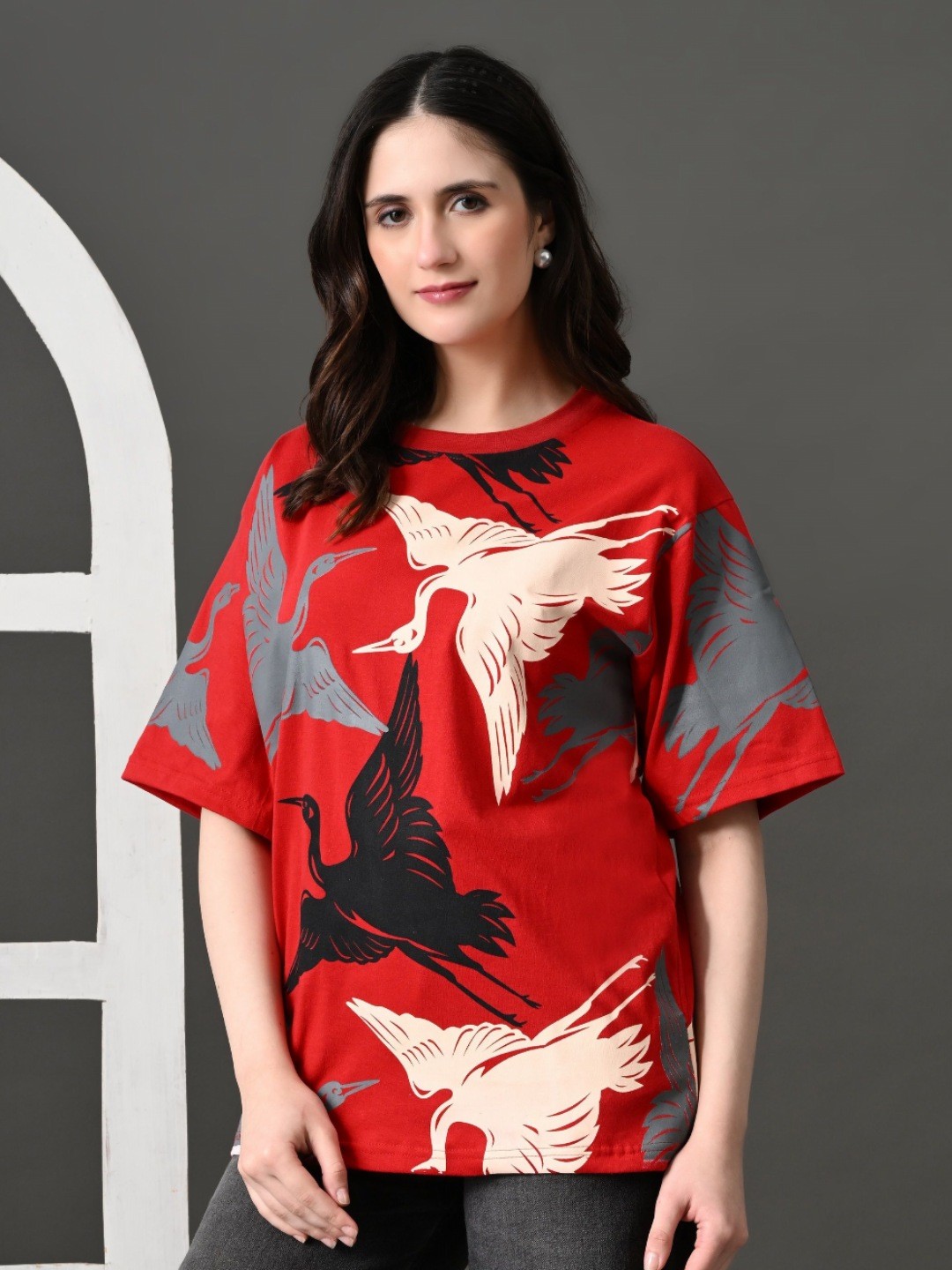

CORSICA Women Bio Finish Conversational Printed Round Neck Cotton Oversized T-shirt, Red