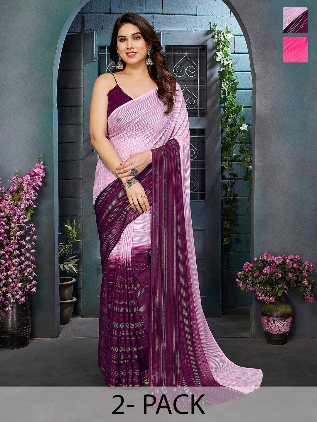 

Moda Rapido Set of 2 Colourblocked & Satin Sarees, Purple