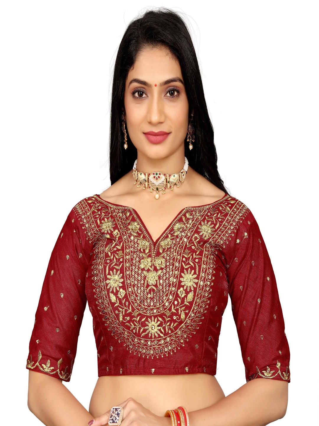 

HERE&NOW Embroidered Saree Blouse, Maroon
