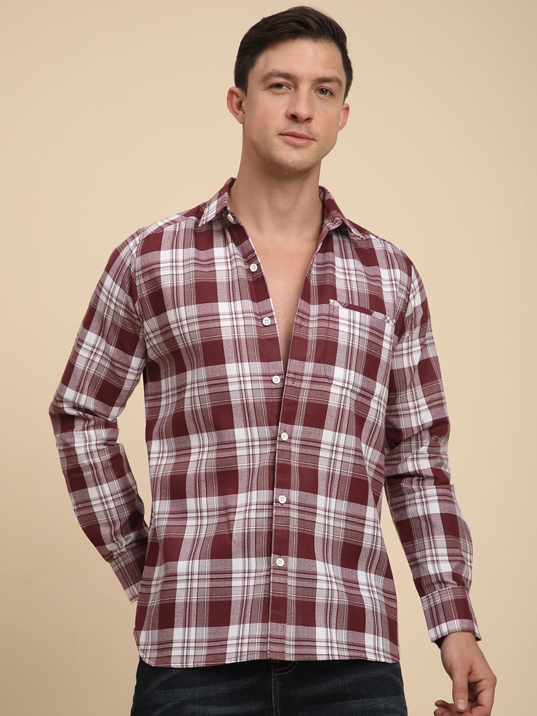 

Voroxy Men Comfort Fit Spread Collar Tartan Checked Casual Shirt, Maroon