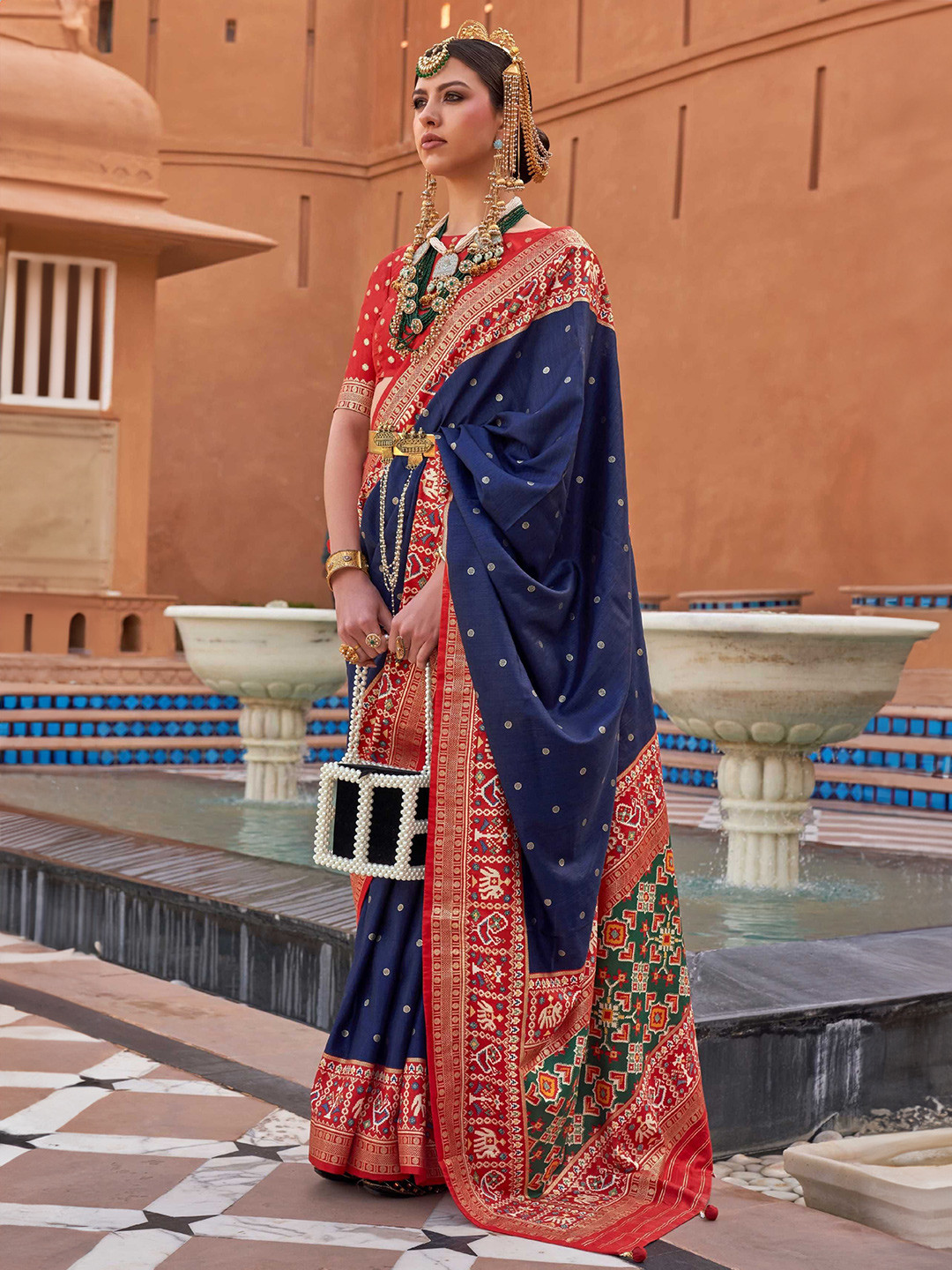 

DIVASTRI Ethnic Motifs Zari Patola Saree, Navy blue