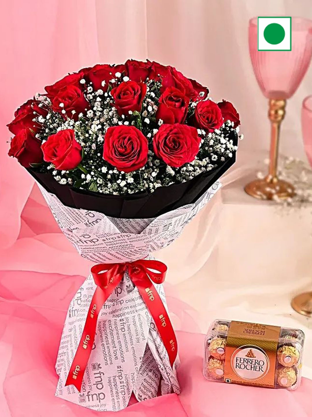 

fnp Set Of 16Pcs Fresh Flower Roses With 1 Chocolates Box, Gold
