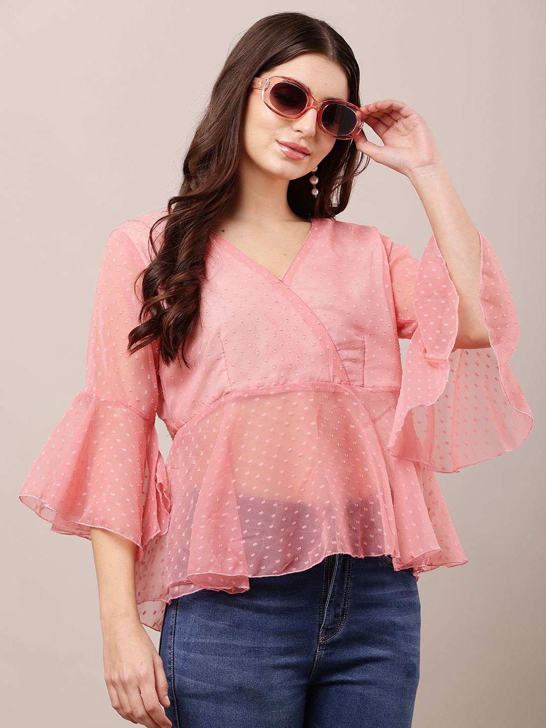 

Raabta Fashion Women V-Neck Print Bell Sleeve Wrap Top, Pink