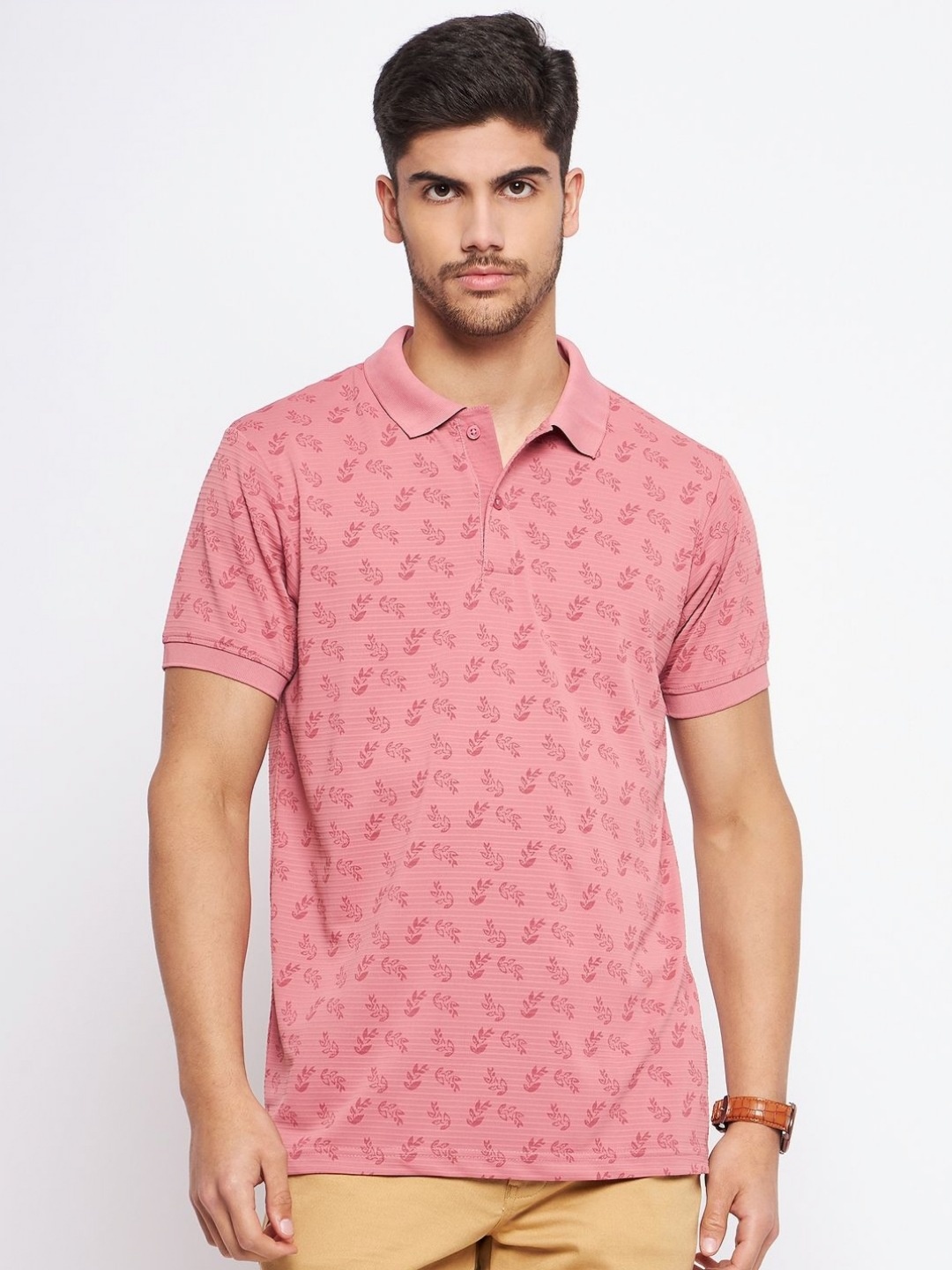 

NYKER Men Floral Printed Polo Collar Cotton T-shirt, Peach