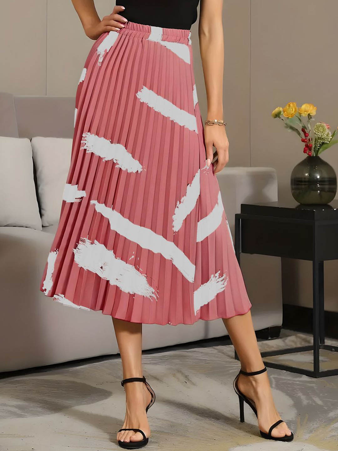 

ZWERLON Women Printed A-Line Midi Skirt, Peach