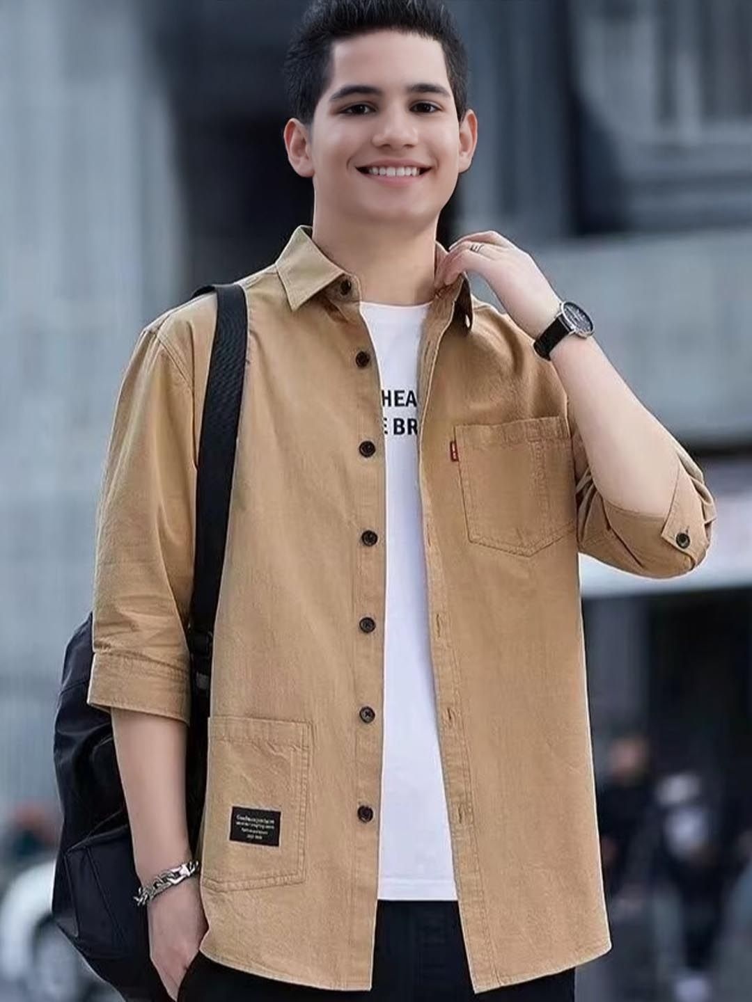 

StyleCast Men Spread Collar Solid Relaxed Fit Casual Shirt, Khaki