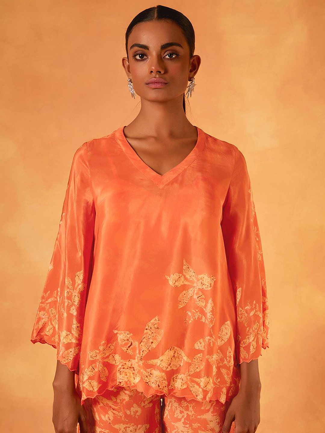 

SAUNDH Kimono Sleeve Pure Silk Georgette Kaftan Top, Orange