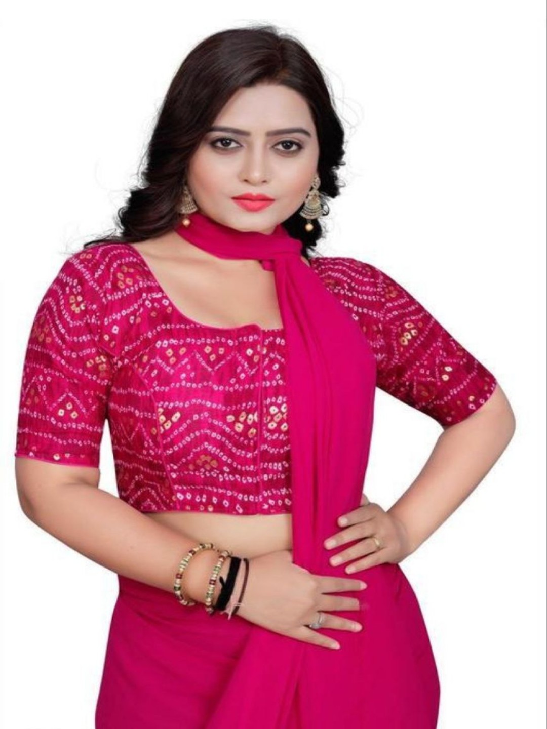 

HERE&NOW Printed Round Neck Saree Blouses, Pink