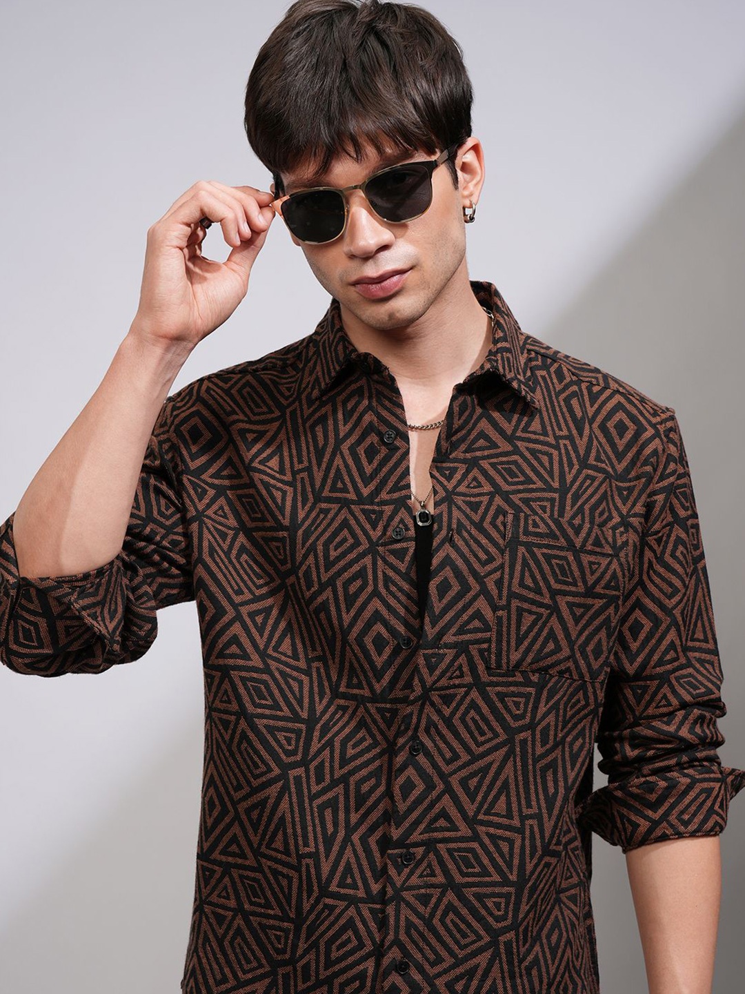

HIGHLANDER Men Jacquard Textured Casual Relaxed Shirt, Black
