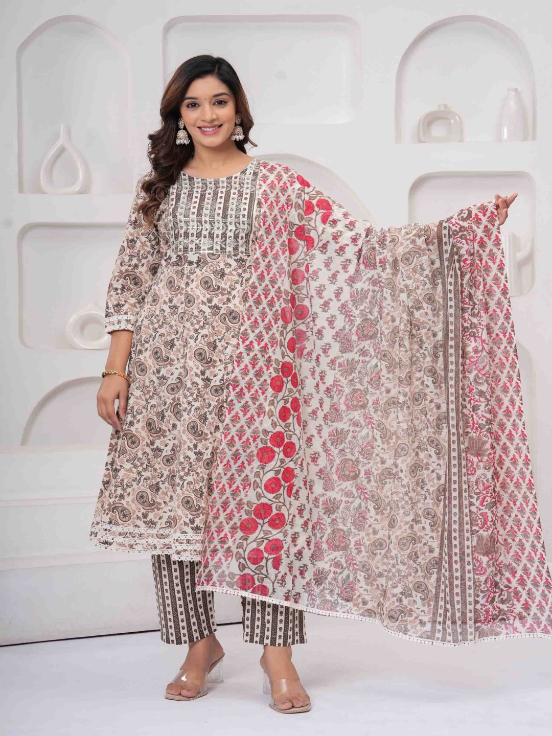 

CHIRAAI Paisley Printed Thread Work Pure Cotton A-Line Kurta With Pyjamas & Dupatta, Peach