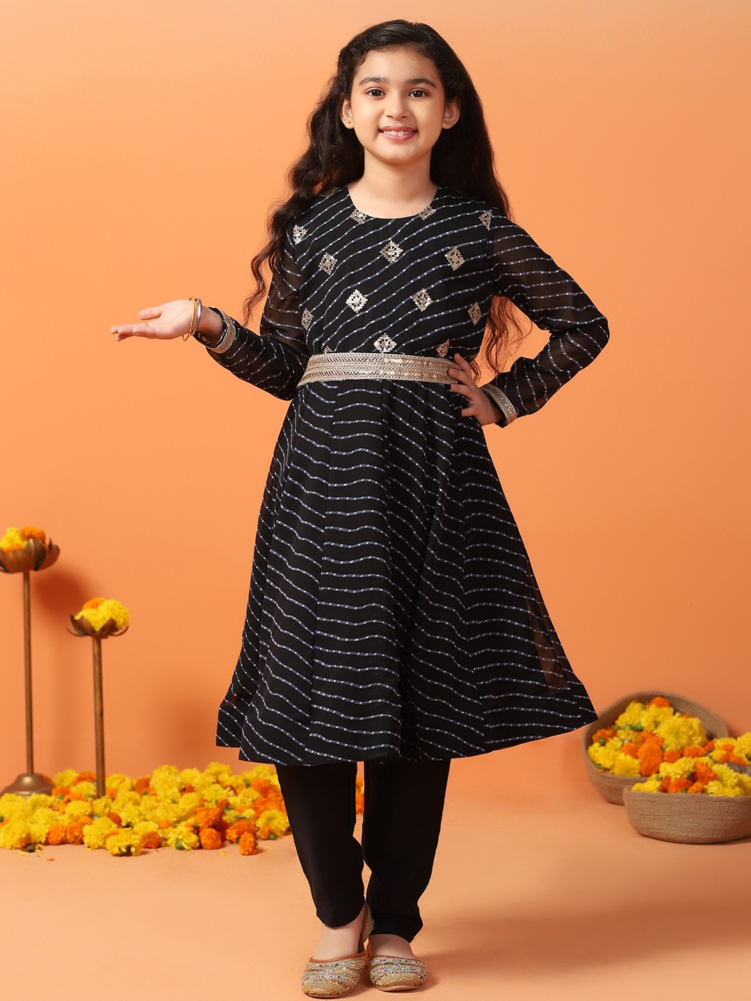 

Sangria Girls Black Leheriya Printed Sequinned A-Line Georgette Kurta With Trousers