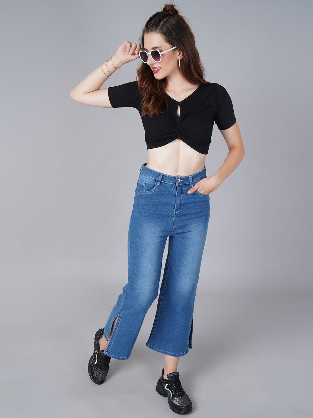 

Moda Rapido Women V-Neck Pure Cotton Fitted Crop Top, Black