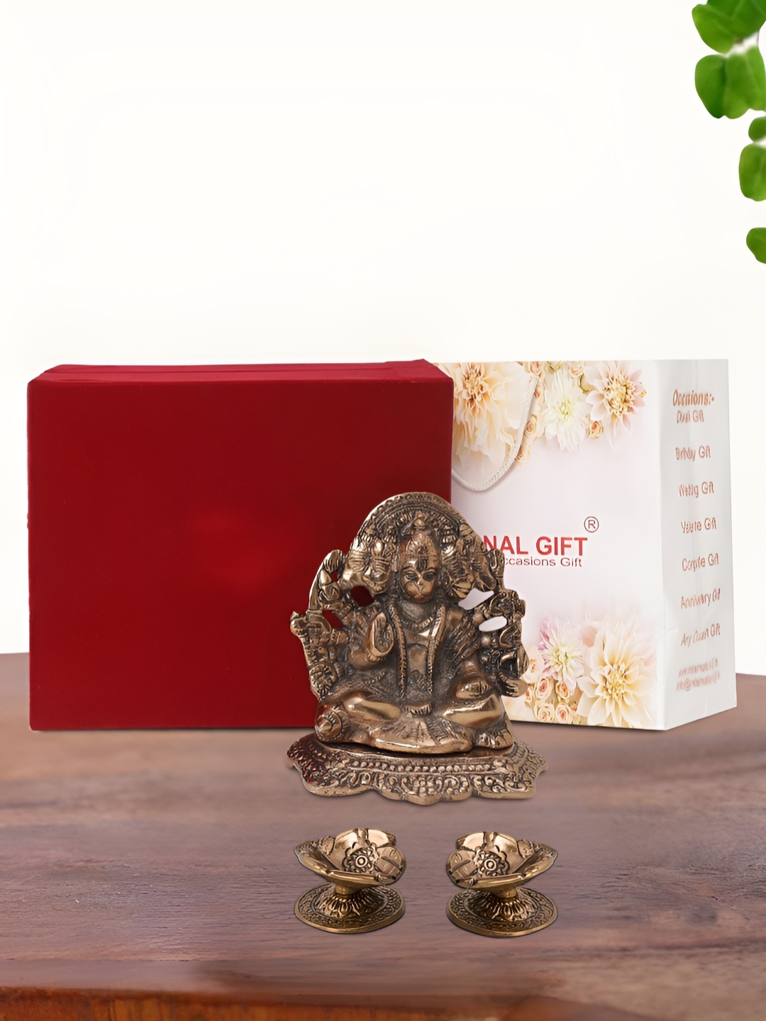 

INTERNATIONAL GIFT Brown Panchmukhi Hanuman Idol with 2 Diya and Box, Copper
