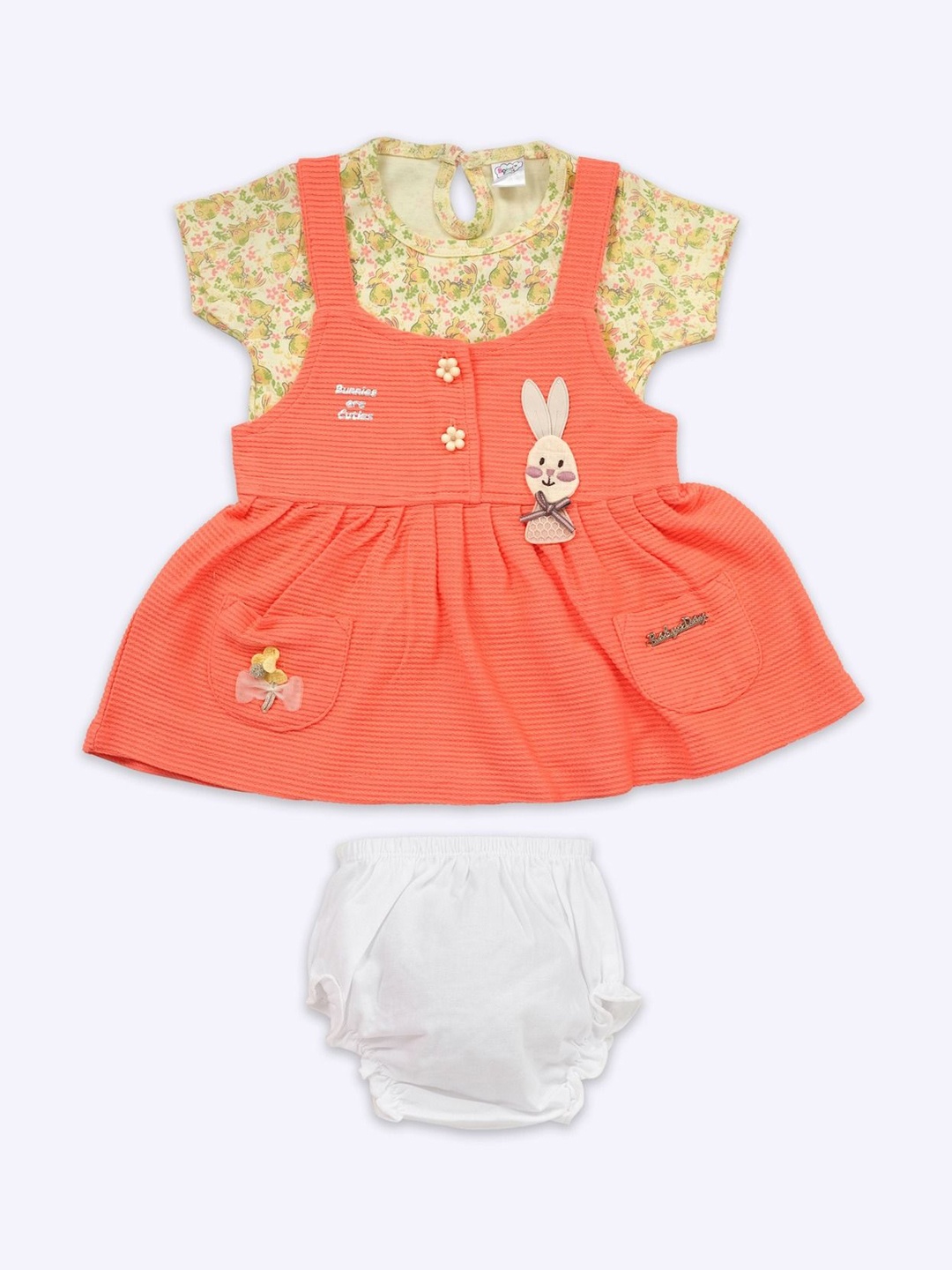 

Babys Day Infant Girls Floral Printed Cotton Dungaree With Top & Brief, Orange