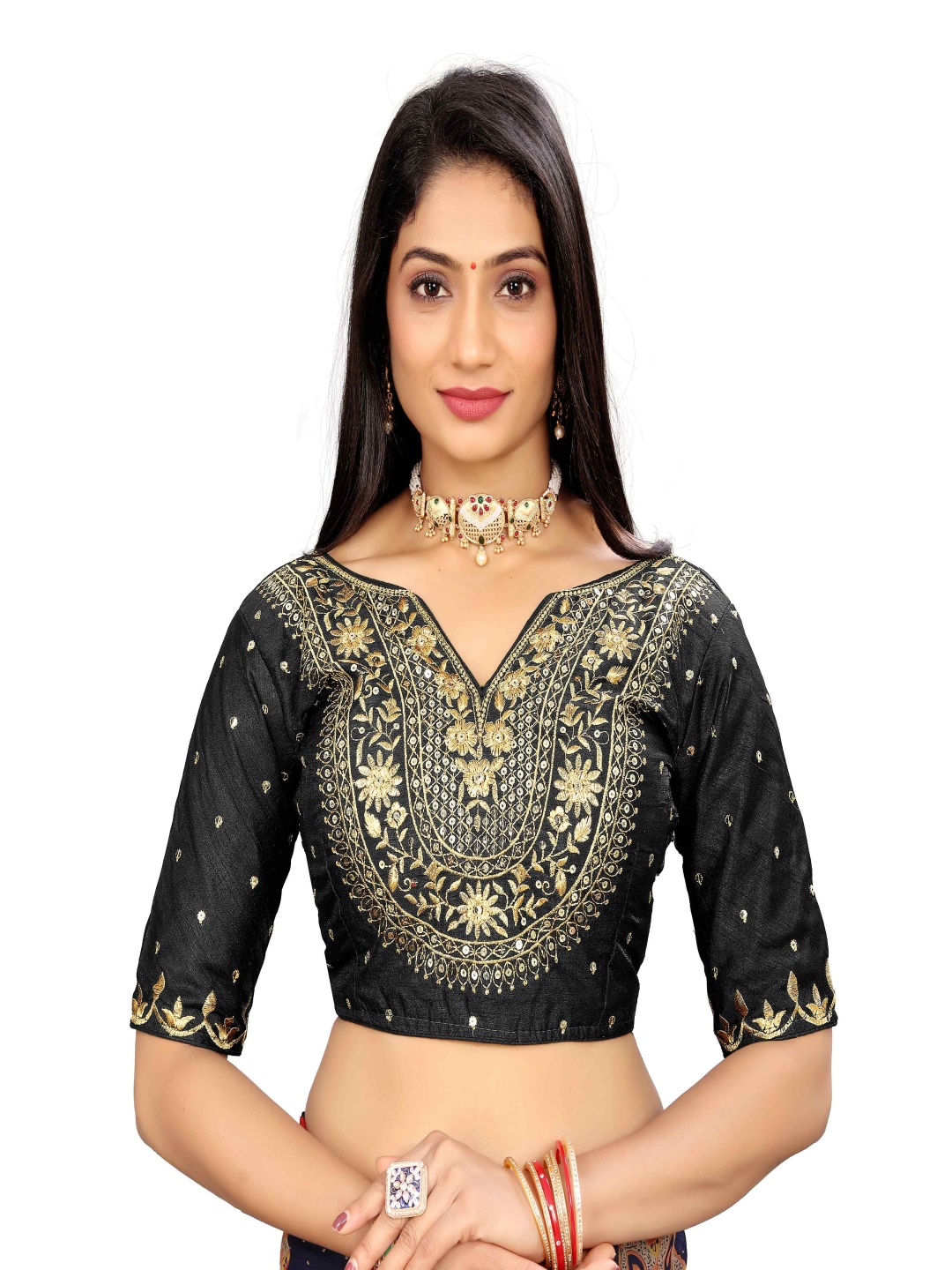 

HERE&NOW Women Embroidered V-Neck Saree Blouse, Black