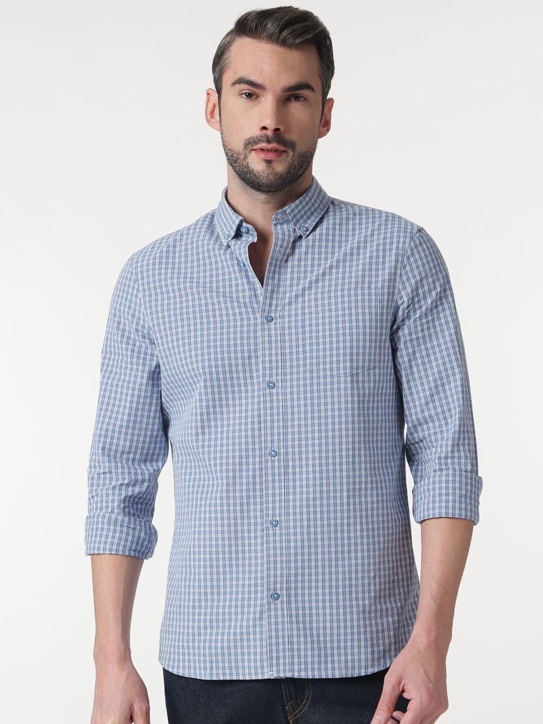 

Marks & Spencer Men Button-Down Collar Micro Checked Cotton Casual Shirt, White