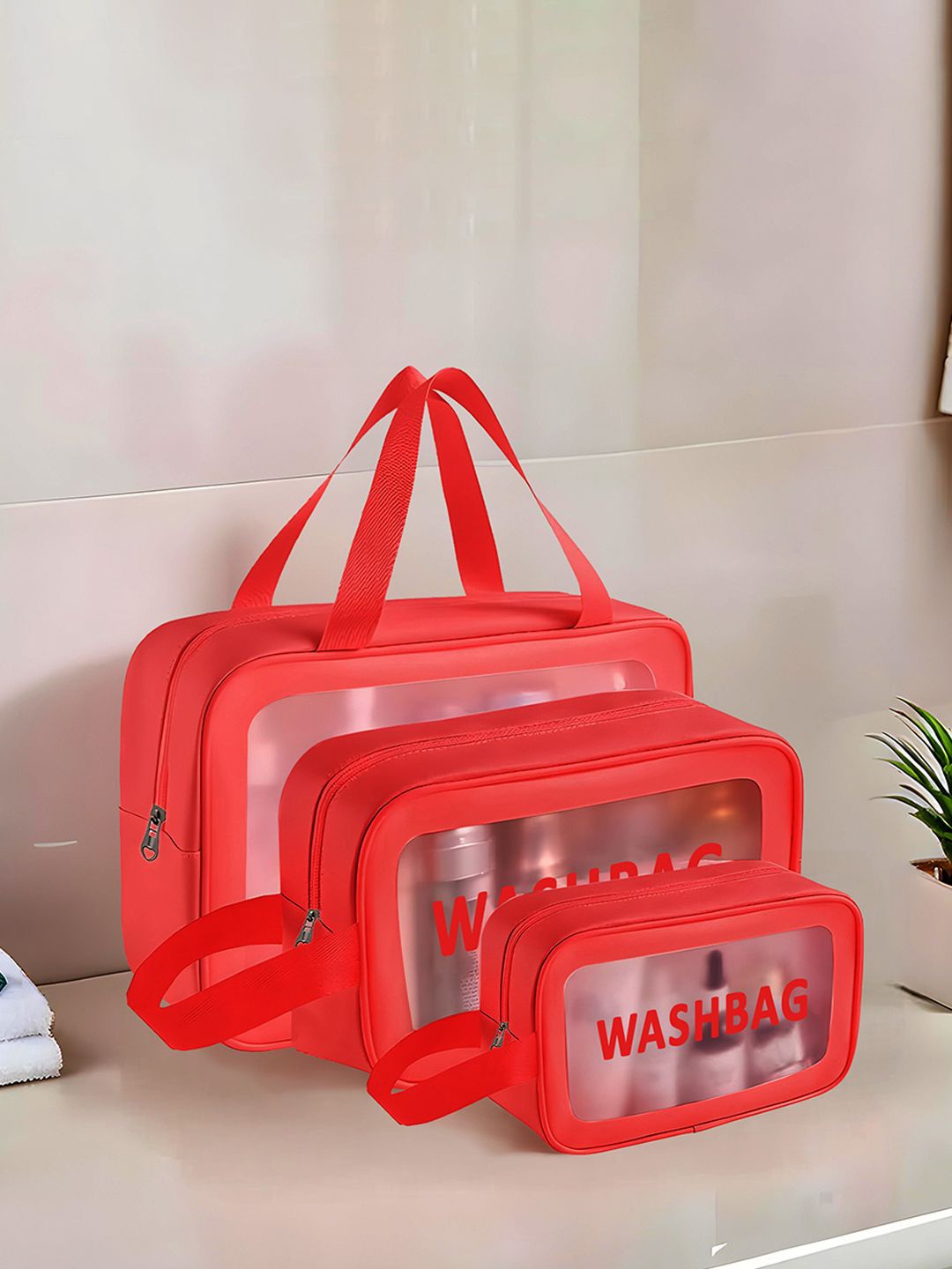 

Kuber Industries Red 3 Pieces Makeup Organizer Bag with Zip & Hand Strap