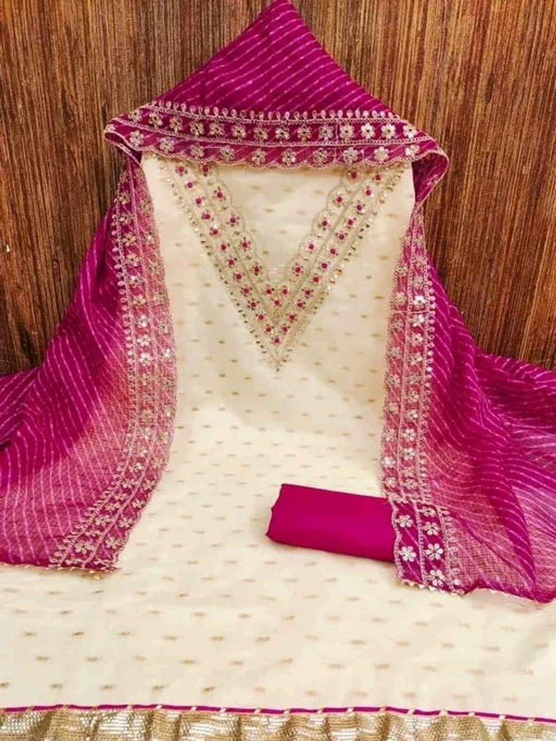 

BlissFlair Floral Embroidered Sequinned Pure Cotton Unstitched Dress Material, White