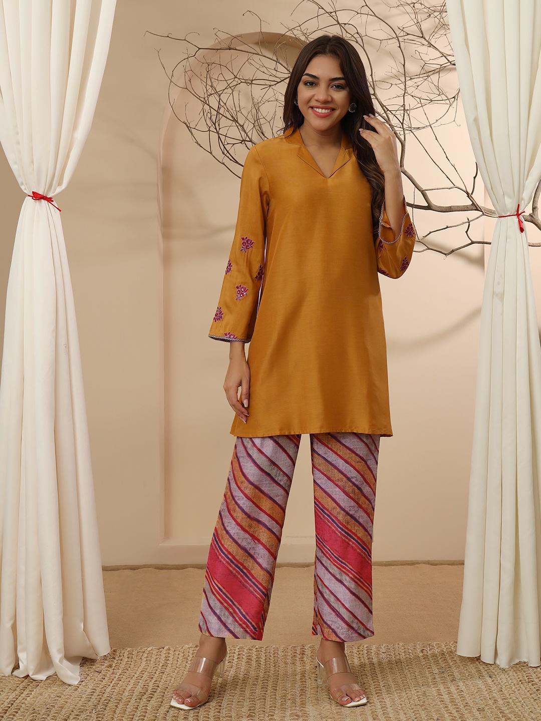 

Stylefables Floral Embroidered Lapel Collar Tunic And Trousers, Yellow