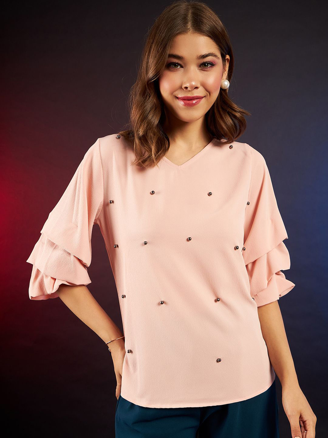 

DressBerry Women Embellished V-Neck Top, Pink