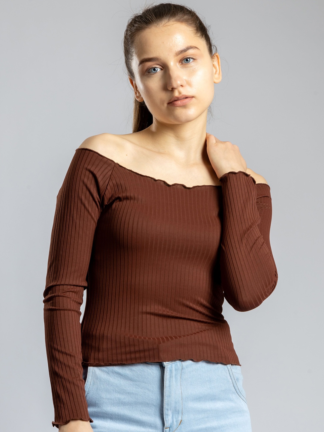 

PYR8 Women Ribbed Ribbed Off-Shoulder Top, Brown