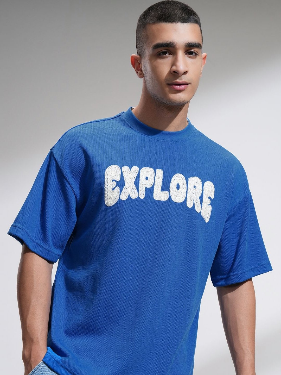 

HIGHLANDER Men Typography Printed Round Neck Cotton Oversized T-shirt, Blue