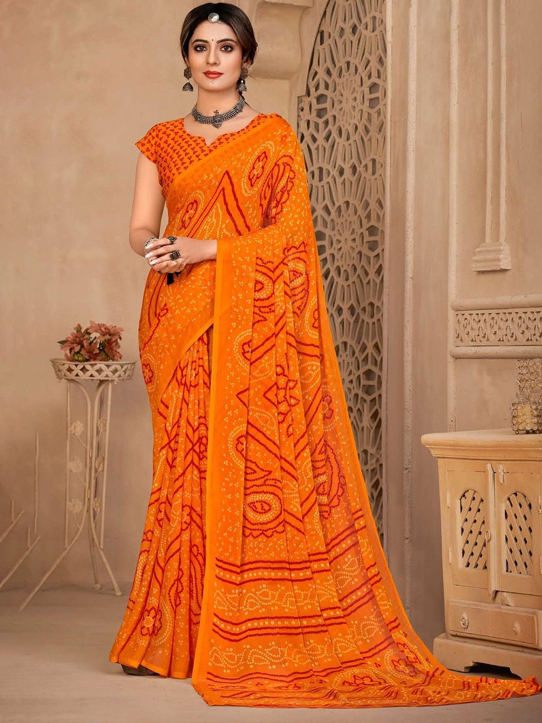 

DURGA EMPORIO Bandhani Pure Chiffon Bandhani Saree, Mustard