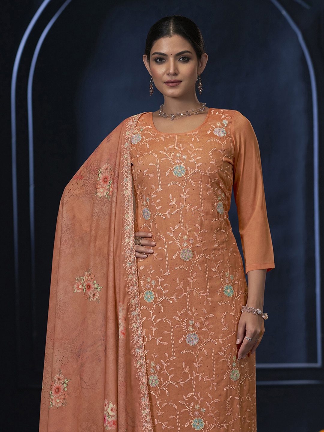 

Anouk Floral Embroidered Unstitched Dress Material, Orange