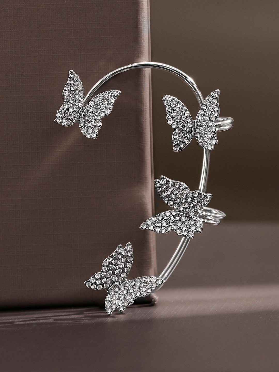 

Rubans Voguish Rhodium-Plated Cubic Zirconia Studded Butterfly Shaped Ear Cuff, Silver