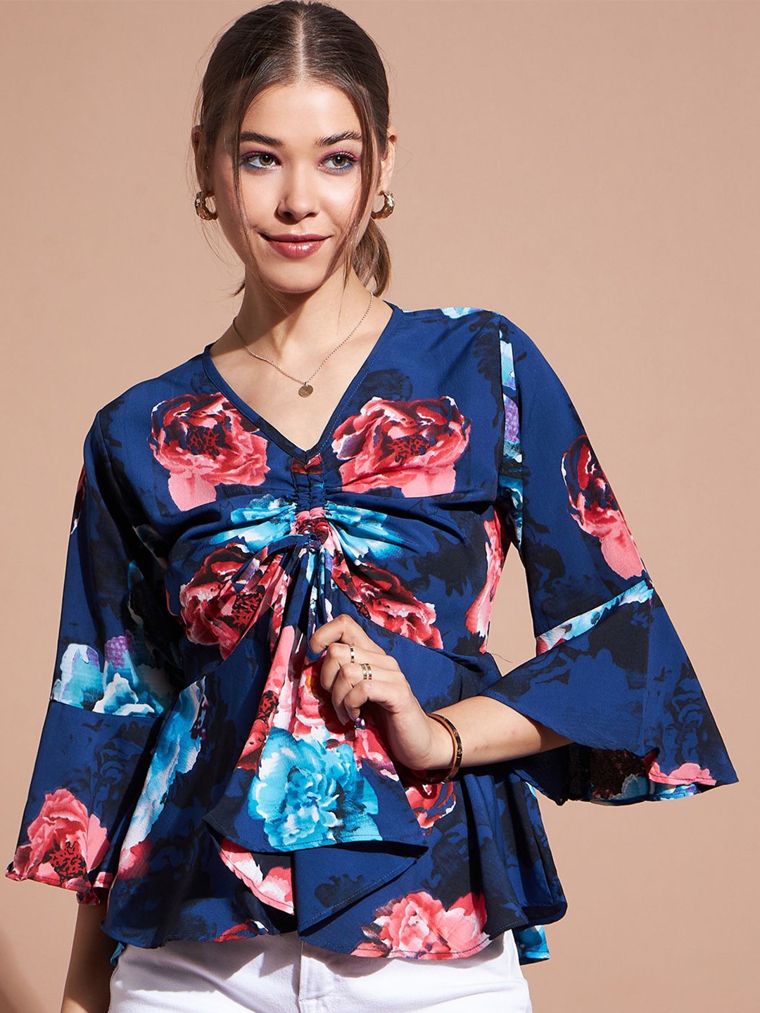 

DressBerry Women Floral Printed Bell Sleeves V-Neck Top, Blue
