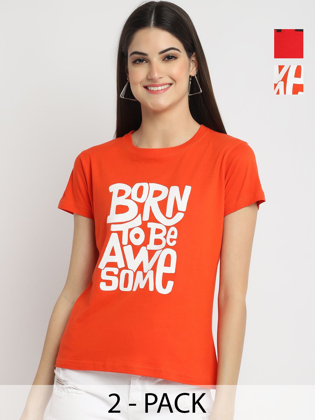 

Dreambe Women Pack Of 2 Typography Printed Round Neck Cotton T-shirts, Orange