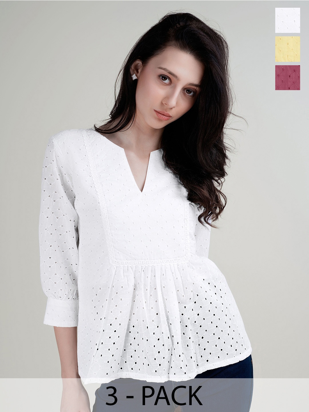 

HOUSE OF MIRA Women Pack Of 3 Self Design V-Neck Cotton Tops, White