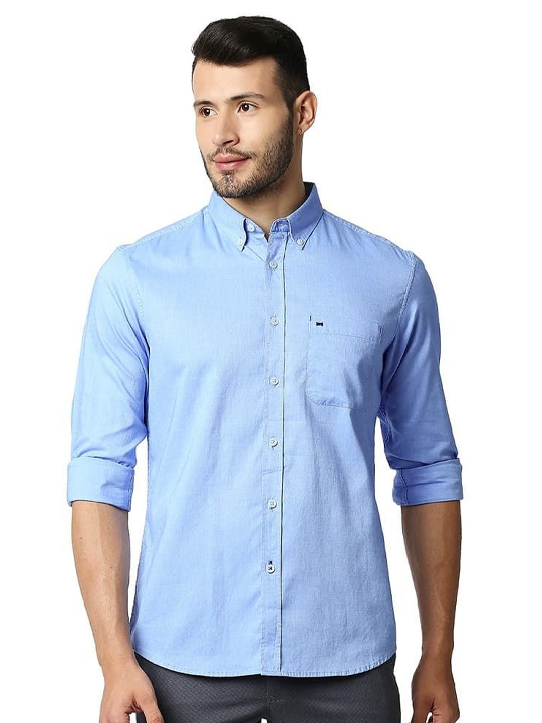 

Basics Men Relaxed Fit Button-Down Collar Solid Cotton Casual Shirt, Blue