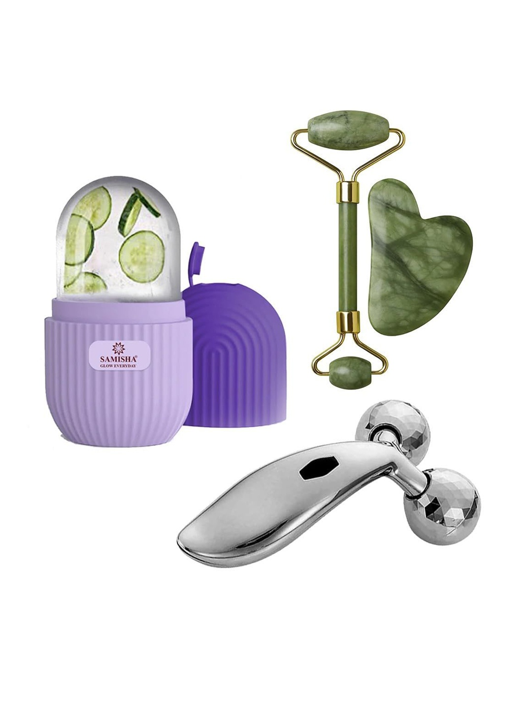 

SAMISHA Set Of 3 Jade Stone, Ice Roller & 3D Massage Roller, Silver