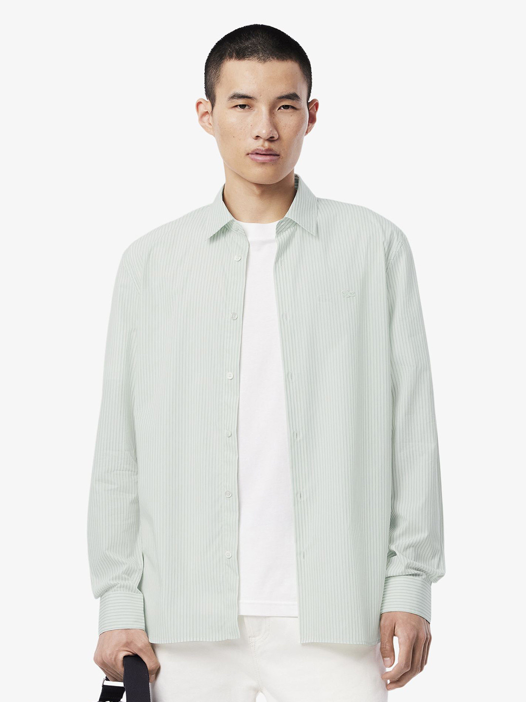 

Lacoste Men Relaxed Fit Spread Collar Vertical Striped Cotton Casual Shirt, Green