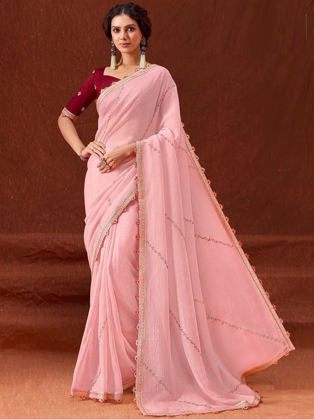 

MAHALASA Embellished Embroidered Pure Chiffon Saree, Peach
