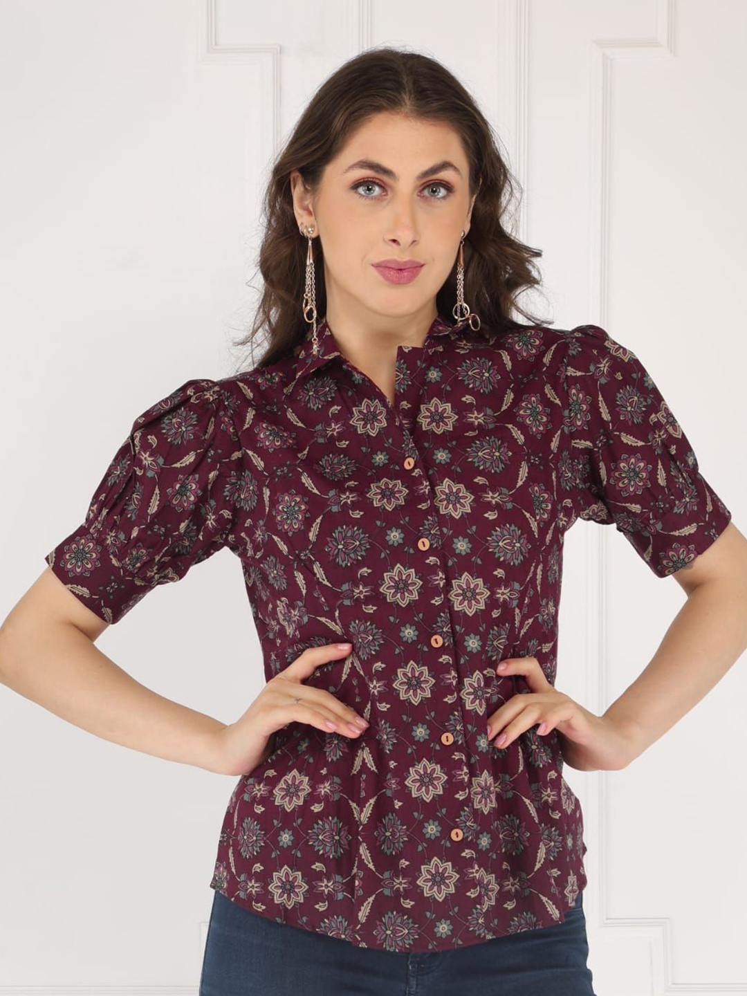 

MILAAV Floral Print Mandarin Collar Cotton Top, Maroon