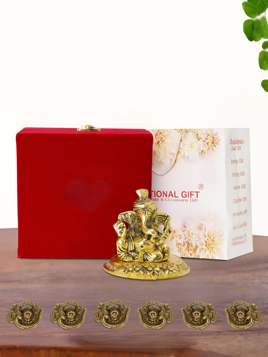 

INTERNATIONAL GIFT Gold Plated Pagdi Ganesh Idol with 6 Diya Box and Bag