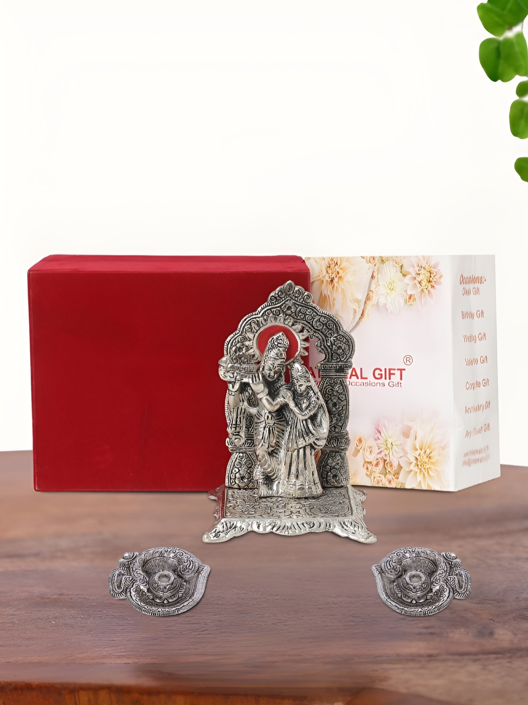 

INTERNATIONAL GIFT Silver Plated Radha Krishna Chowki with 2 Diya and Box