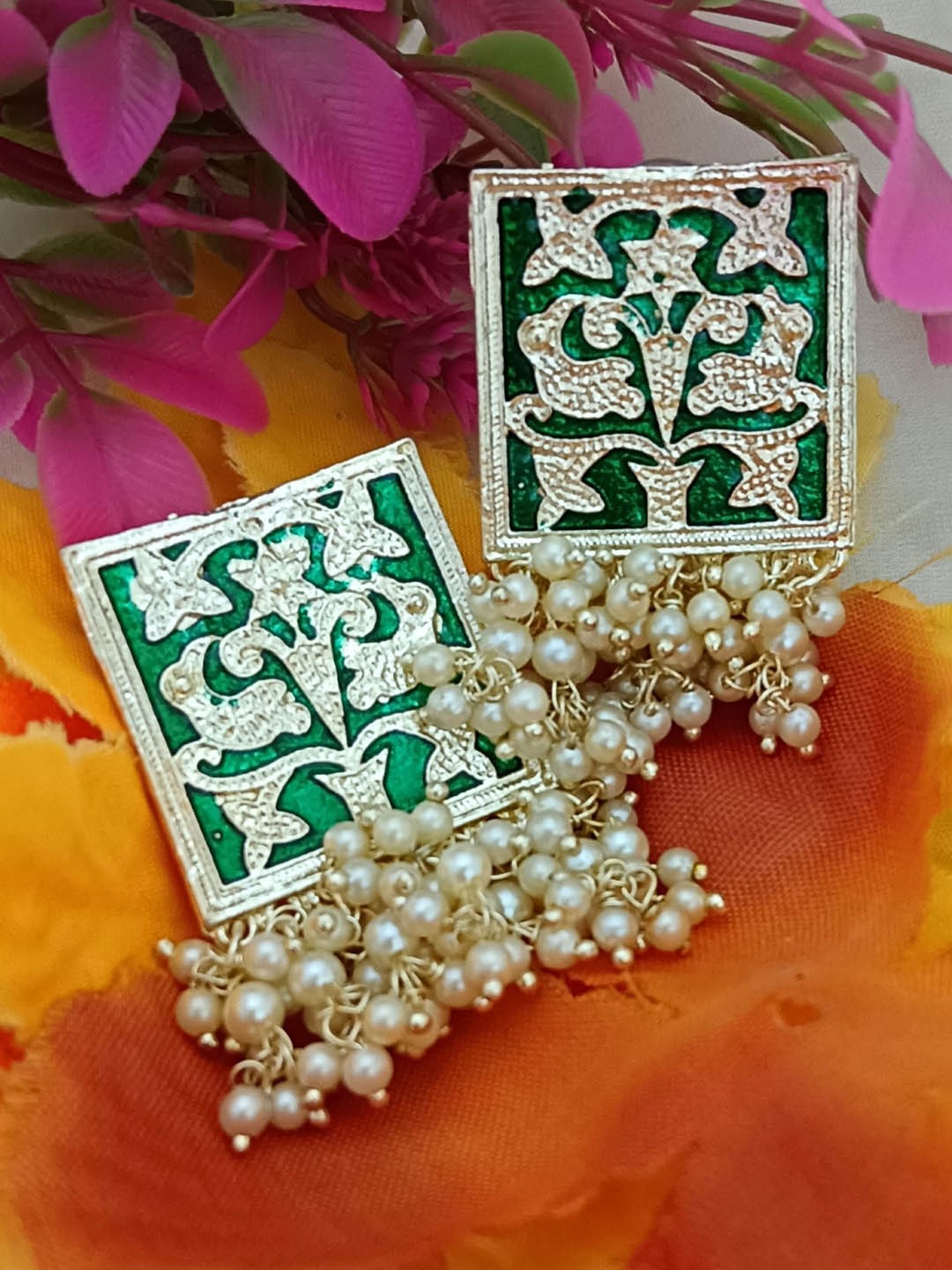 

EVY Gold-Plated Pearls Square Shaped Drop Earrings, Green